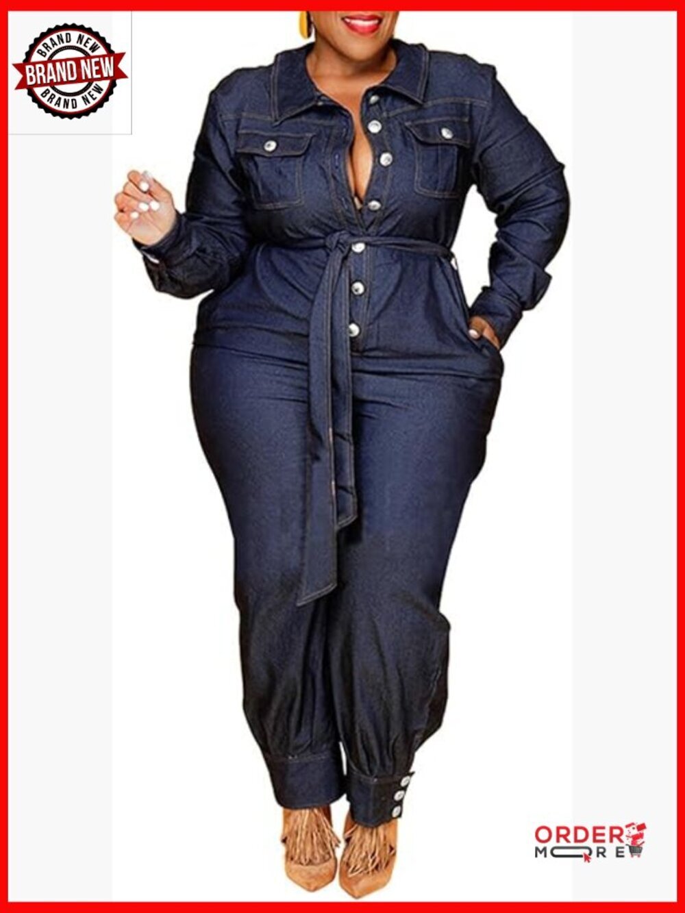 Plus Size Denim Jumpsuit Long Sleeve Button Down Overalls Casual Wear